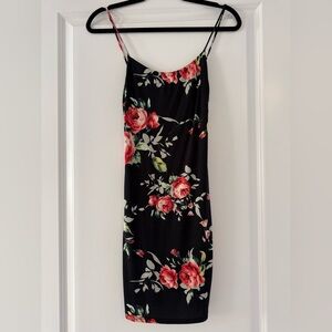 Black Floral Slip Dress with Pink Rose Print
